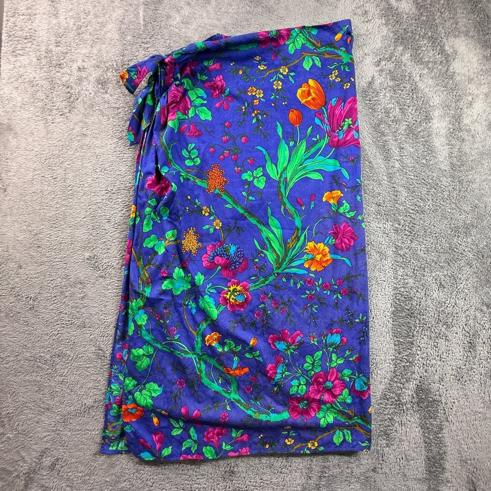 Lido Di Anna Club Vintage Italy Cotton Wrap Sarong Beach Cover Up Blue Floral